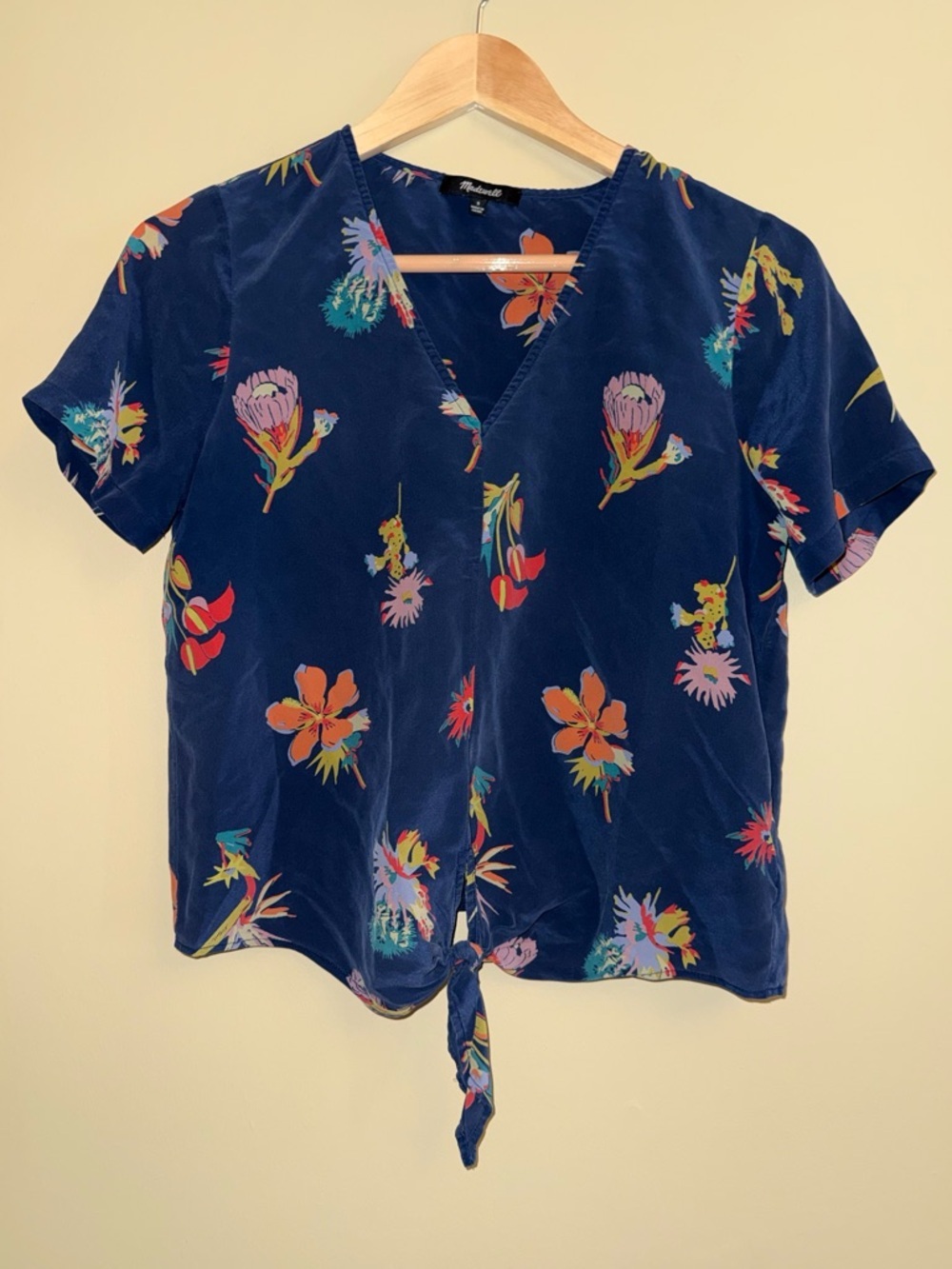 Madewell Silk Novel Tie Front Top S V-Neck Short Sleeve Tropical Resort Beachy